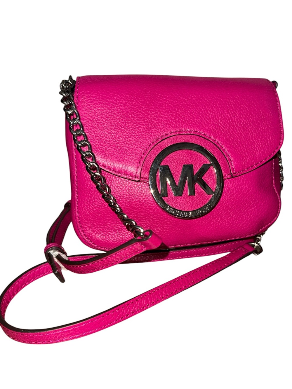 •MICHAEL KORS• NWOT PINK FULTON FLAP SILVER CHAIN & LOGO CROSSBODY